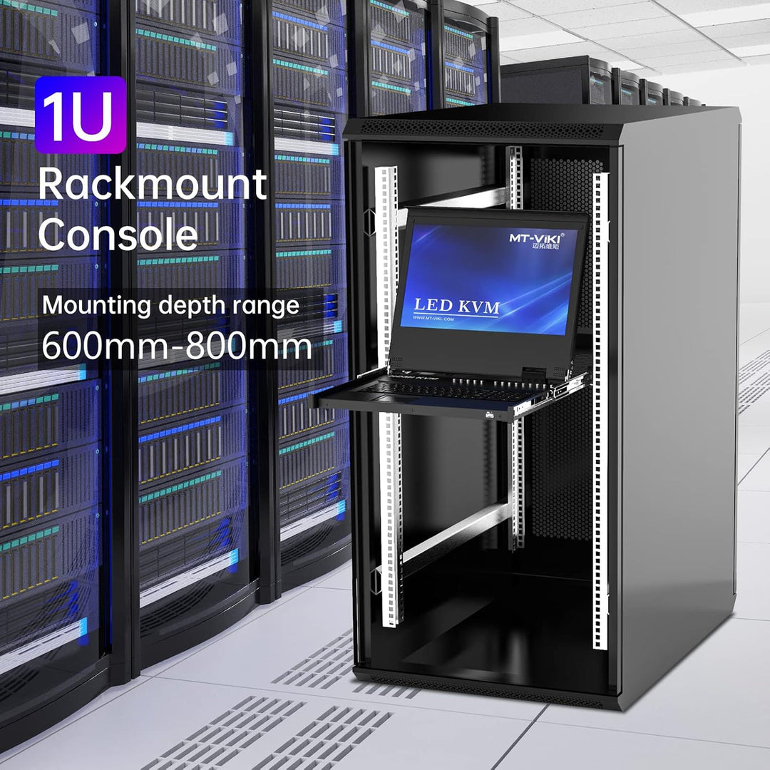 MT-VIKI 1U HDMI LCD KVM Konsole 8 Port mit 17.3'' LCD Monitor für 1HE 19'' 600-800mm Schrank Schubla