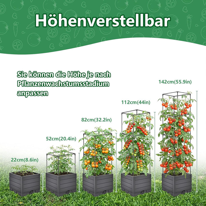 Hysagtek Tomatentopf mit Rankhilfe - Metall Pflanzkasten mit Rankgitter Höhenverstellbar, Pflanzturm