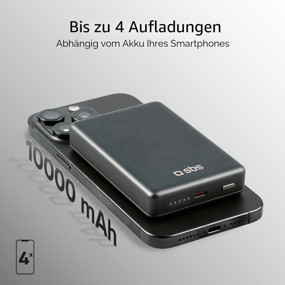 SBS PowerBank 10K MagSafe, 10.000 mAh Power Delivery 20 W, 15 W kabelloses Laden, magnetisch, Status