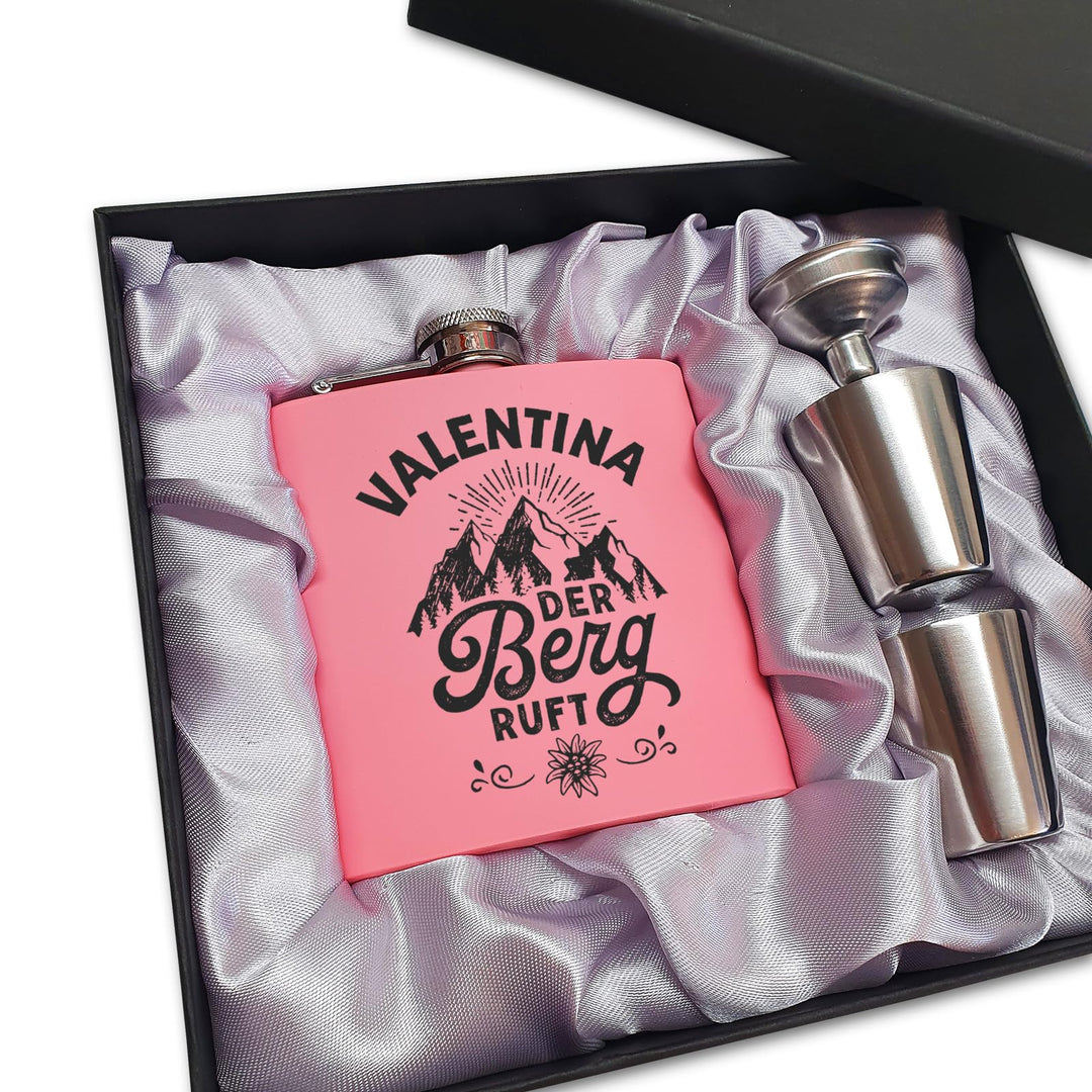 Der Berg ruft Flachmann Skifahren Berg Flachmann Ski Geschenk Wandern personalisiert mit Gravur Pink