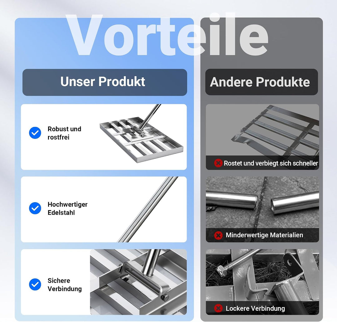 Wiltec Edelstahl Rasenrakel mit Stiel Grösse M, Flächenebner 25 x 75 x 2,8 cm Unebenheiten im Rasen