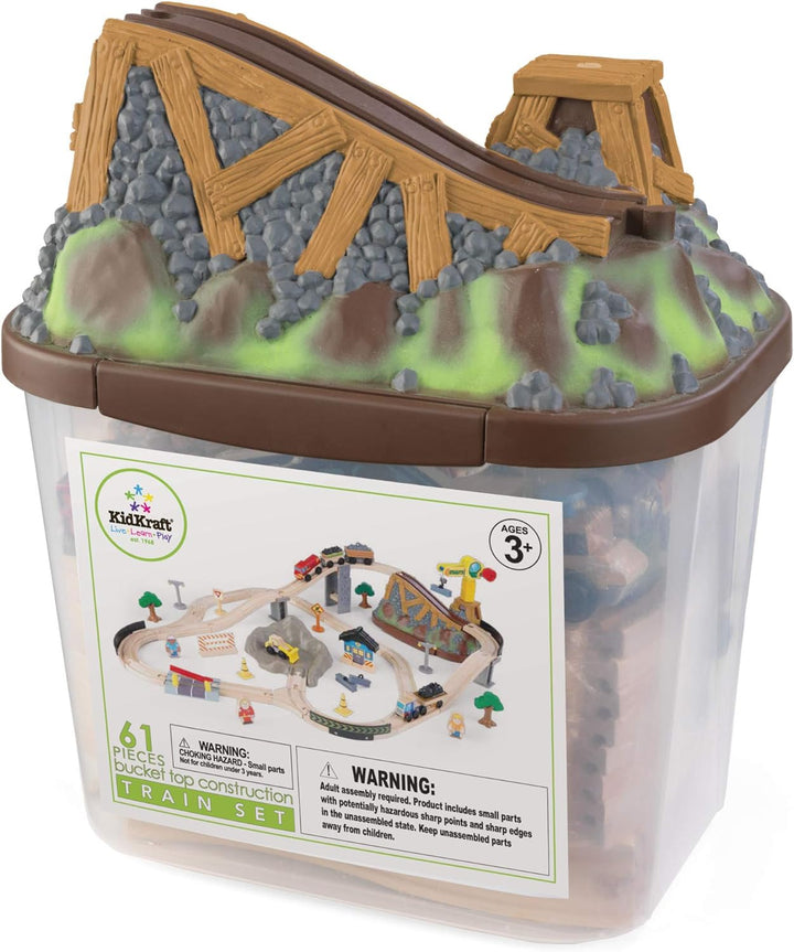 KidKraft Bucket Top Holzeisenbahn Baustelle mit Aufbewahrungsbox mit Deckel, Eisenbahn Set mit Zubeh