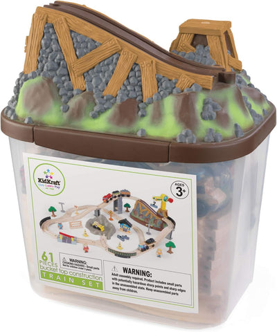 KidKraft Bucket Top Holzeisenbahn Baustelle mit Aufbewahrungsbox mit Deckel, Eisenbahn Set mit Zubeh