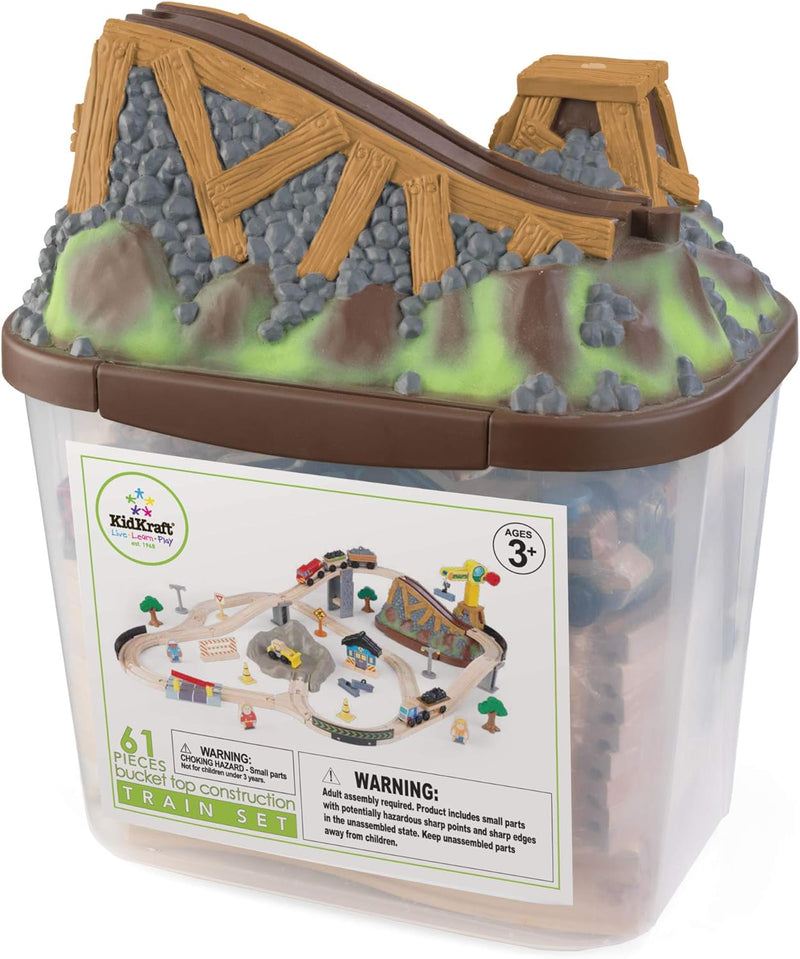 KidKraft Bucket Top Holzeisenbahn Baustelle mit Aufbewahrungsbox mit Deckel, Eisenbahn Set mit Zubeh