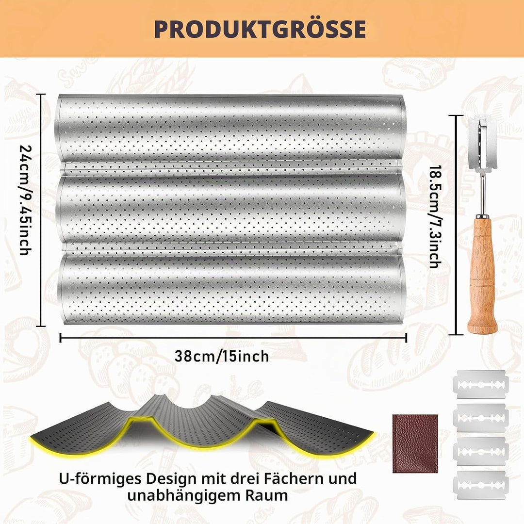 BORDEAG Baguette Backform, 2er Set Baguetteblech für 3 Baguettes mit Bäckermesser, Antihaftbeschicht