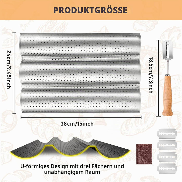 BORDEAG Baguette Backform, 2er Set Baguetteblech für 3 Baguettes mit Bäckermesser, Antihaftbeschicht