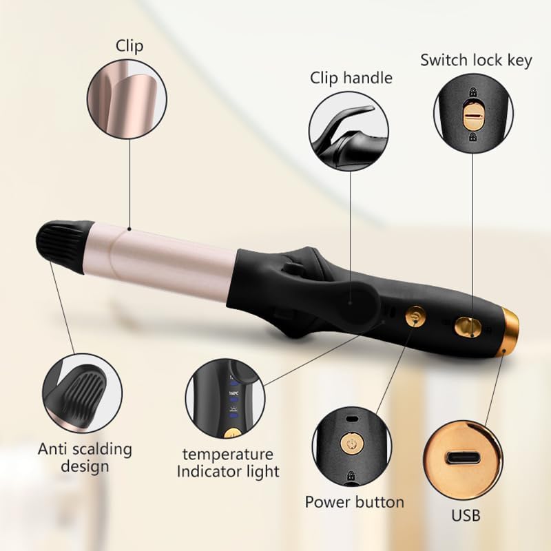 Mini Schnurloser Lockenstab, 25mm Curling Iron mit 3 Einstellbare Temperatur, USB aufladbar, tragbar