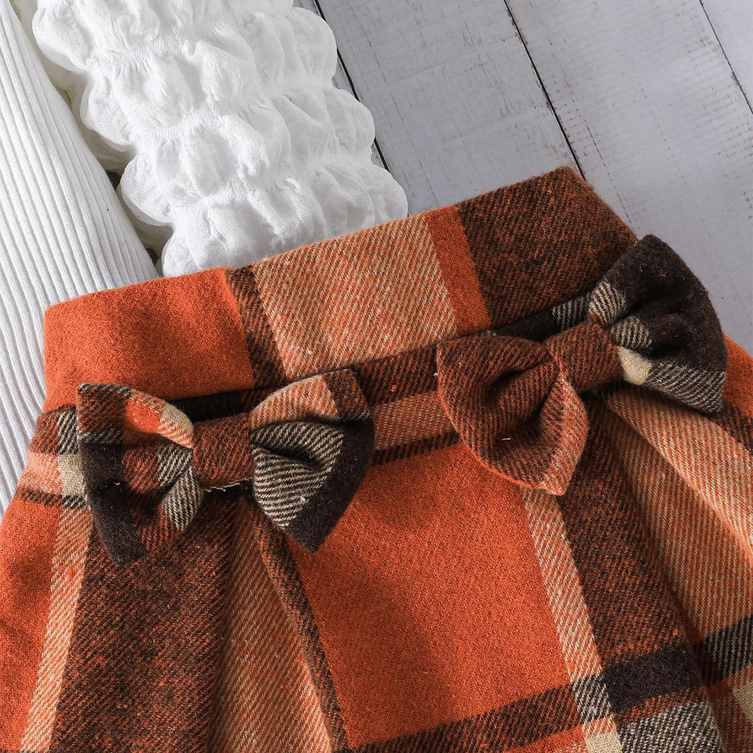 Eqenkely Kleinkind Mädchen Kleidung Puffärmel Langarm Gerippte Oberteile + Bowknot Plaid Mini Rock 2