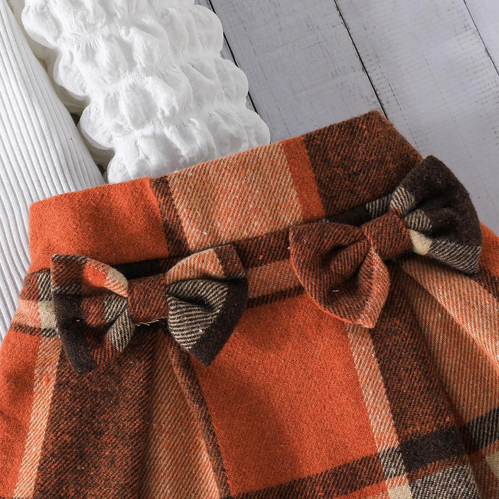 Eqenkely Kleinkind Mädchen Kleidung Puffärmel Langarm Gerippte Oberteile + Bowknot Plaid Mini Rock 2