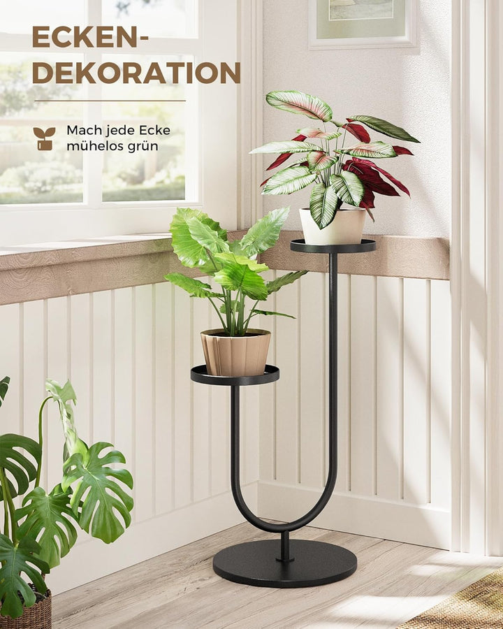 Bamworld Blumenständer Metall Schwarz, Pflanzenständer Indoor Outdoor, Modernes 2-stufiges Pflanzenr