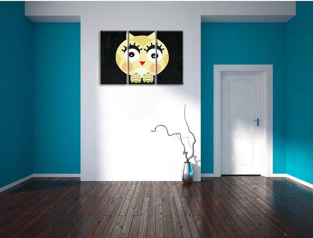 Pixxprint Hübsche gelbe überraschte Eule / 3-Teilig/Gesamtmass 120cm Leinwandbild bespannt auf Holzr