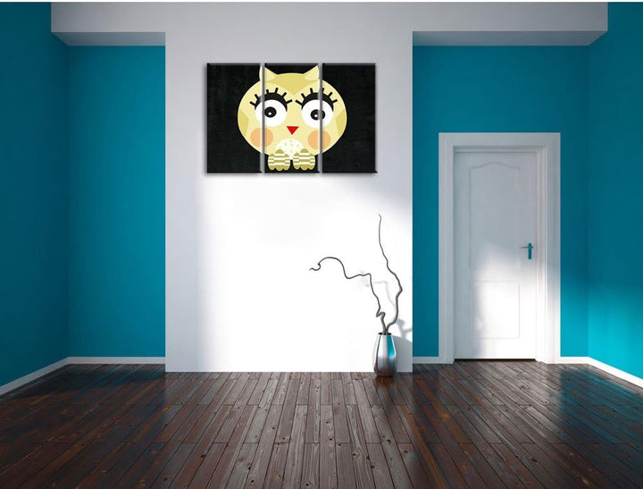 Pixxprint Hübsche gelbe überraschte Eule / 3-Teilig/Gesamtmass 120cm Leinwandbild bespannt auf Holzr