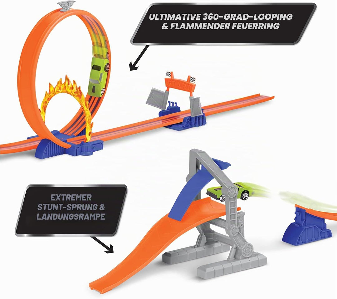 Driven Turbocharge Autorennbahn Stunt Jump Extreme – mit Rennauto, Looping, Feuerring, Bahnen, Rampe