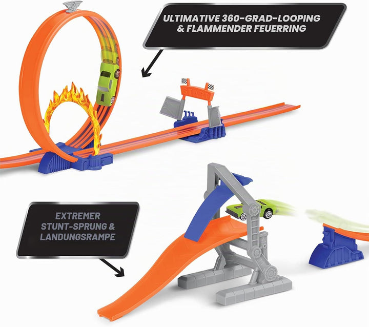 Driven Turbocharge Autorennbahn Stunt Jump Extreme – mit Rennauto, Looping, Feuerring, Bahnen, Rampe