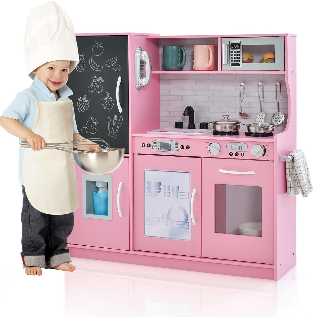 HOMASIS Spielküche mit 10 Zubehör, Kinderküche Holz, Spielzeugküche mit Tafel Spüle Herd Ofen Mikrow