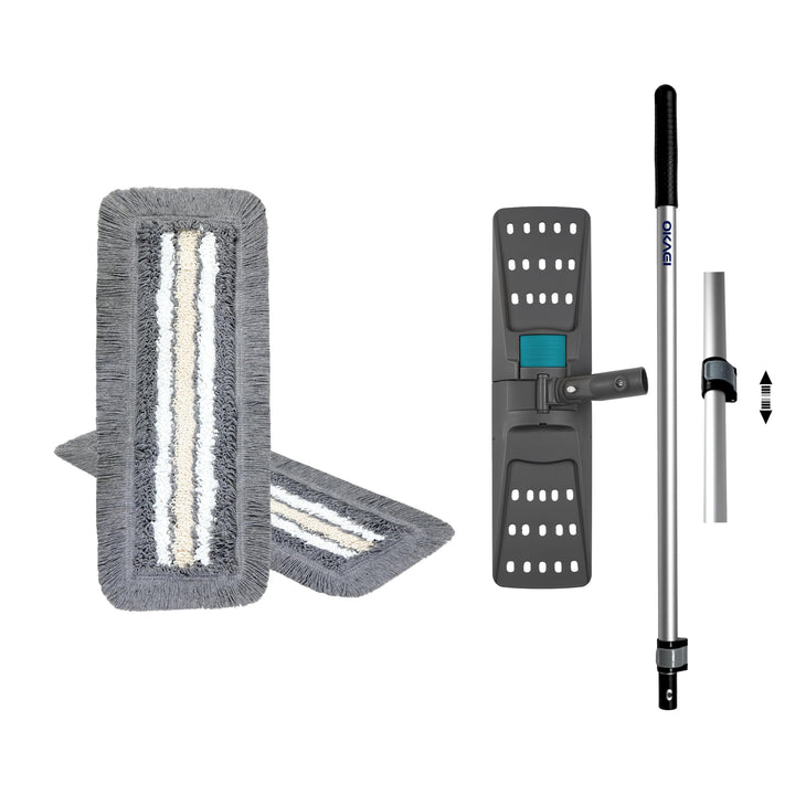 OKAEI Wischmop-Komplettset 50 cm – 2× Bezug Grau-Weiss-Beige + Klapphalter & Alu-Teleskopstiel – Für