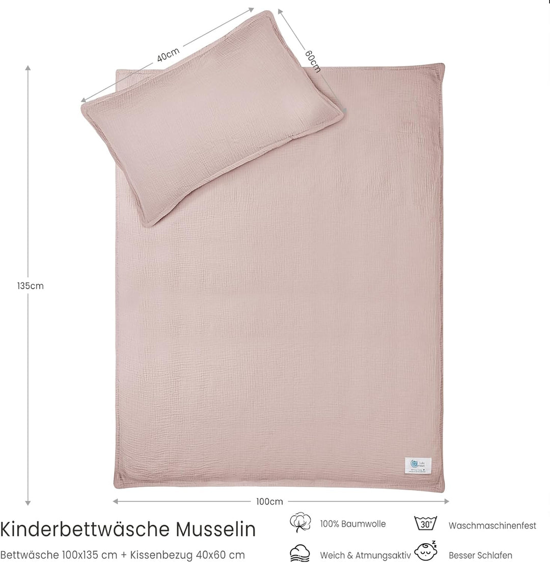 lulumoon Musselin Kinderbettwäsche 100x135: Bettbezug 100x135 + Kissenbezug 40x60cm aus Baumwolle –