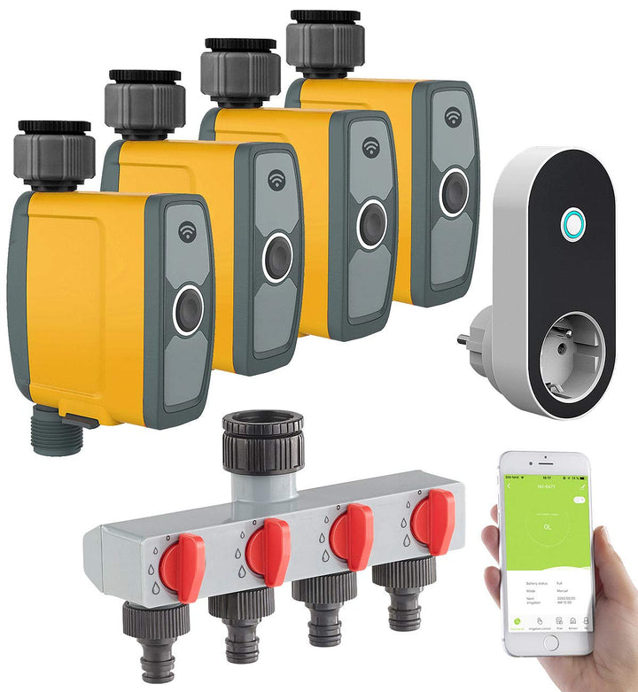 Royal Gardineer Bewässerung WLAN: WLAN-Bewässerungscomputer, Bewässerungsventil, 4-Wege-Verteiler, A