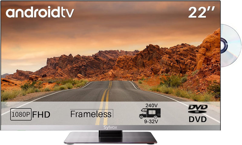 12V Smart TV für Wohnmobile 22 Zoll Fernseher Android Assistant, DVD Player, DVB-T2/S2 Free sat Sate