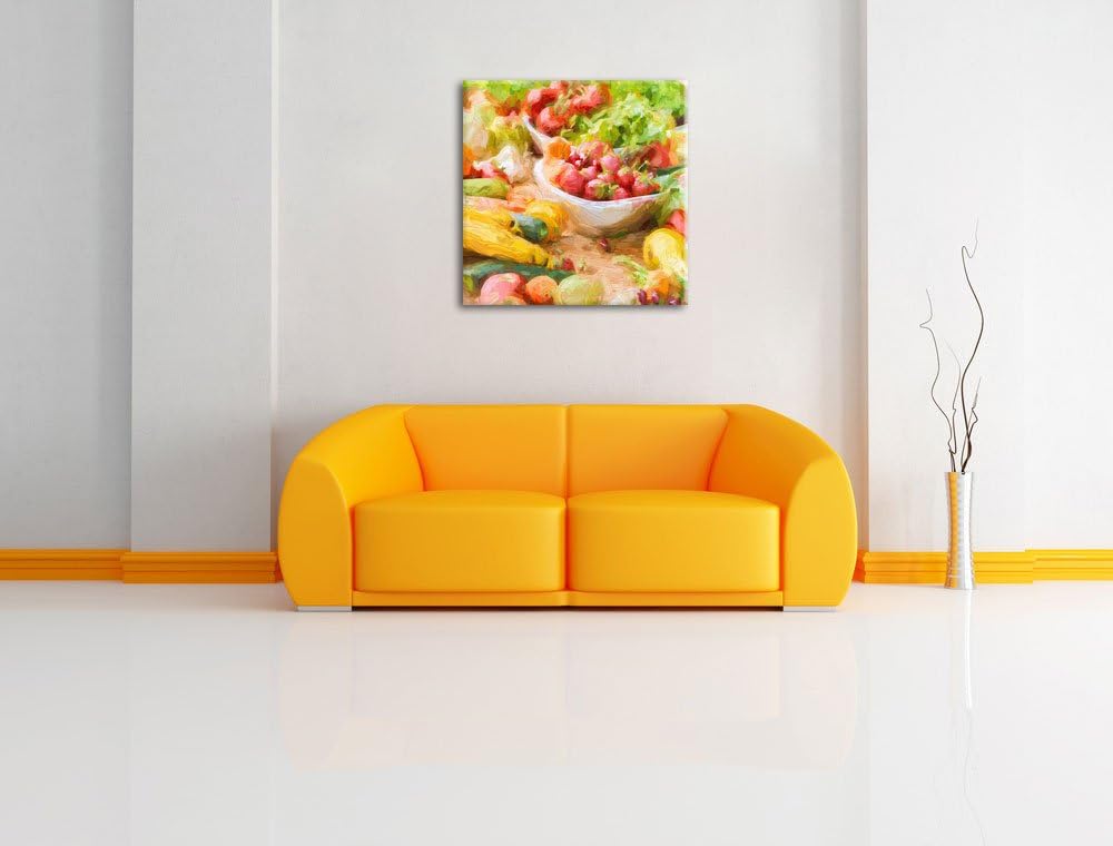 Pixxprint Buntes Obst und Gemüse Pinsel Effekt, Format: 70x70 auf Leinwand, 70x70