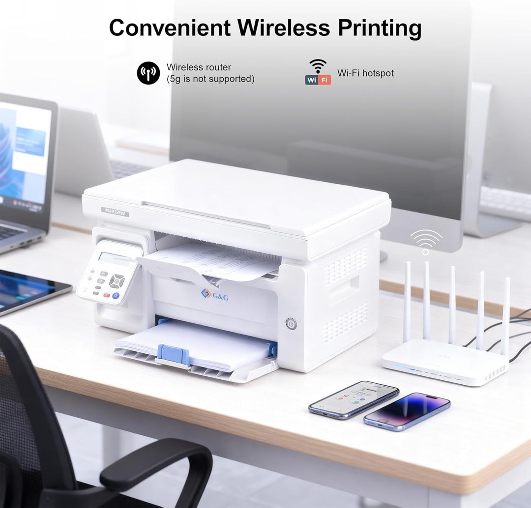 G&G M2022NW Laserdrucker - Multifunktionsgerät mit Drucker, Scanner und Kopierer,Schwarz-Weiss,WLAN(
