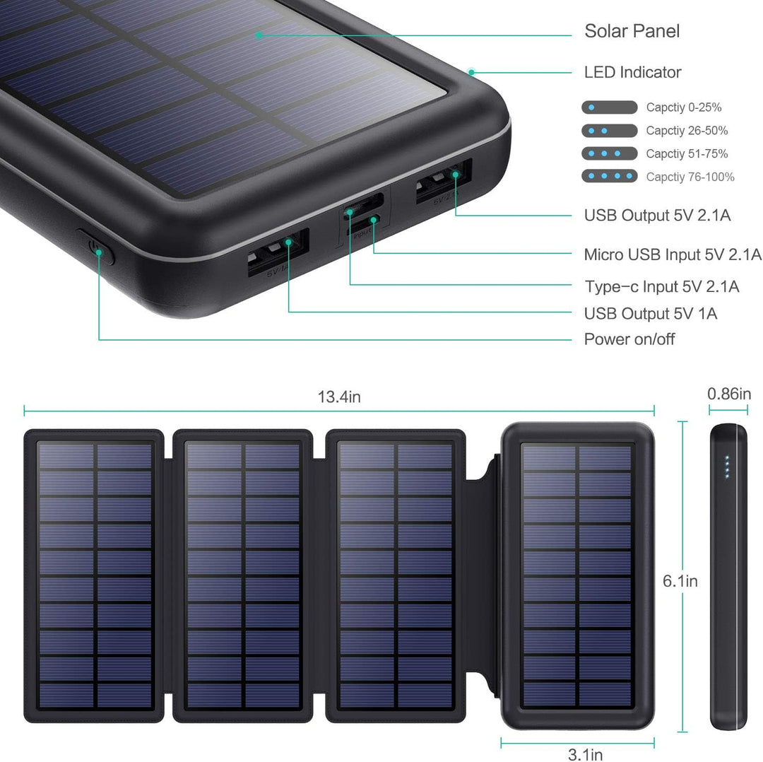 iPosible Solar Powerbank 26800mAh,Power Bank mit 4 Faltbar Externes Solarpanel Solarladegeräte 2 Aus