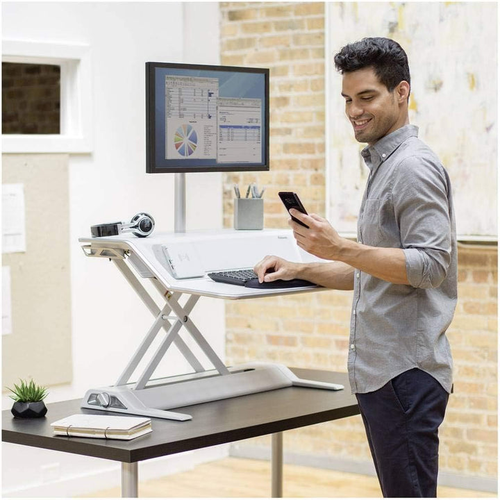Fellowes höhenverstellbarer Sitz-Steh Schreibtischaufsatz Lotus DX, stufenlos höhenverstellbar mit S