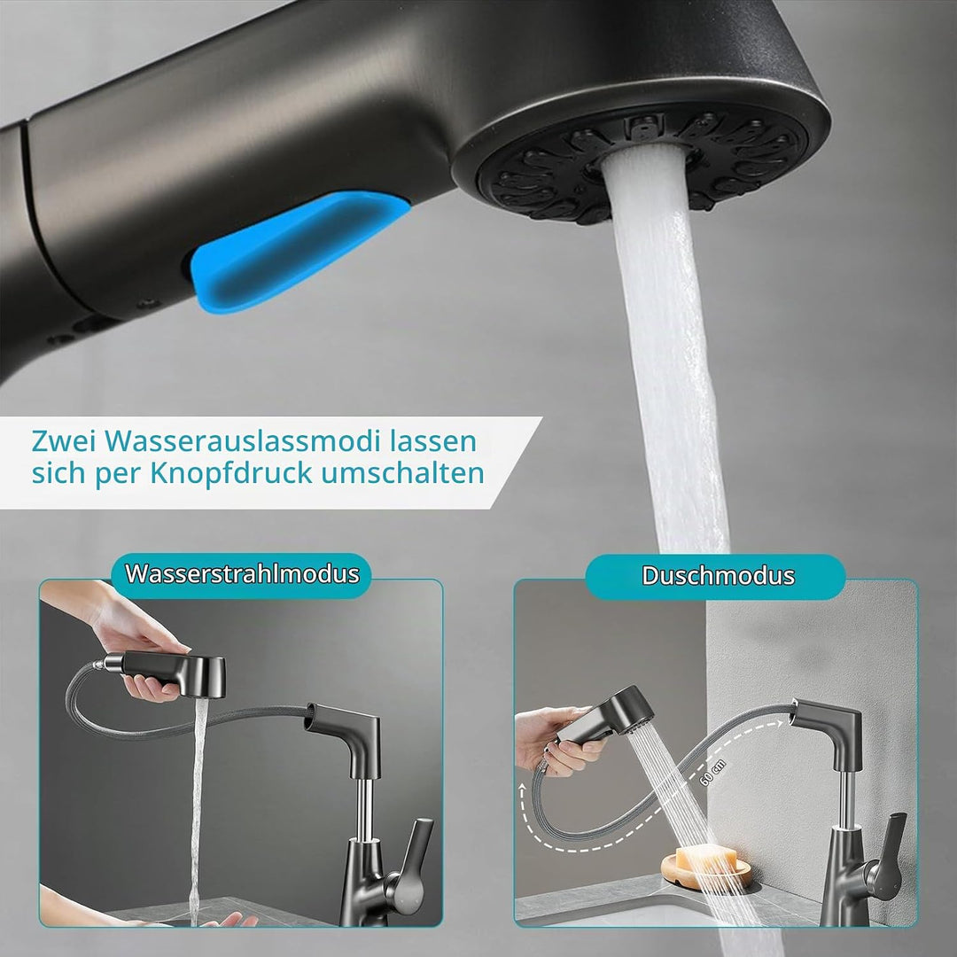 Wasserhahn Küche Ausziehbar mit Brause | Hochdruck, 360° Drehbar, 2 Wasserstrahlarten, 60cm Schlauch