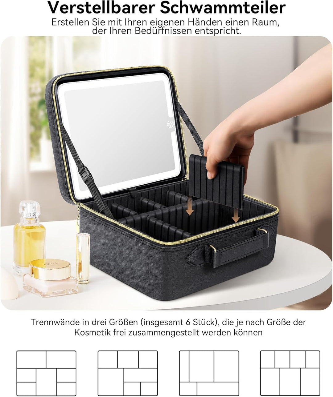 JUSRON Make-up Tasche mit Spiegel-3 Farben LED Licht, Reise Kosmetiktasche mit LED Spiegel, Tragbare