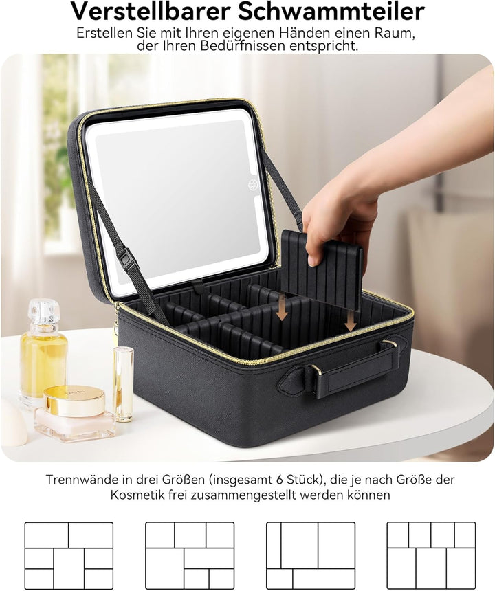 JUSRON Make-up Tasche mit Spiegel-3 Farben LED Licht, Reise Kosmetiktasche mit LED Spiegel, Tragbare