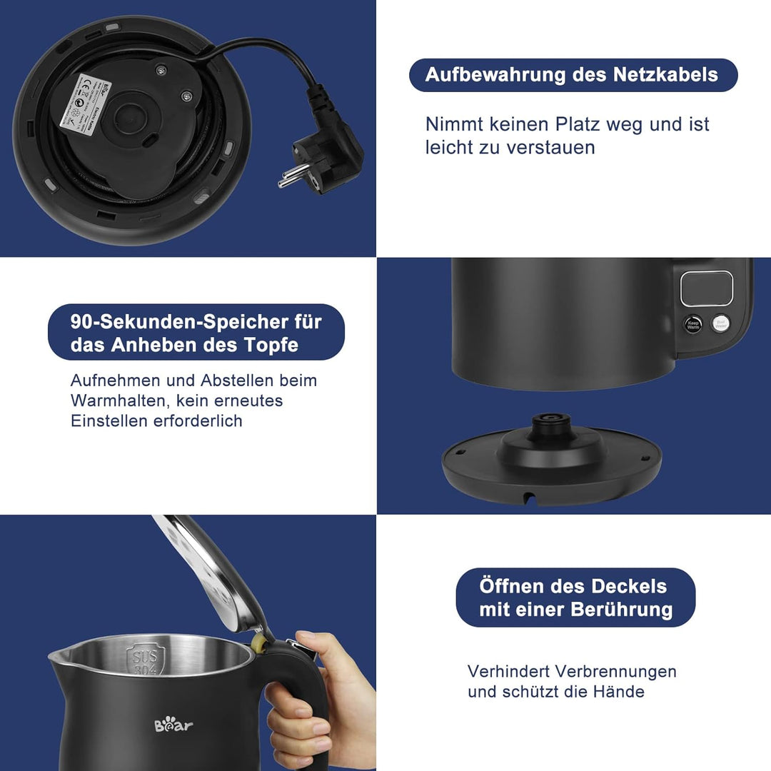 Bear 1.7L 304 Edelstahl Mit 11 Temperaturen Wasserkocher,1800w Trockenaufschutz, Doppelter Verbrühun