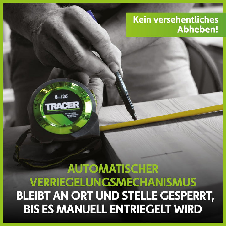 TRACER 8m Automatisches Feststellband (nylonbeschichtetes Massband mit Magnethaken und automatischer