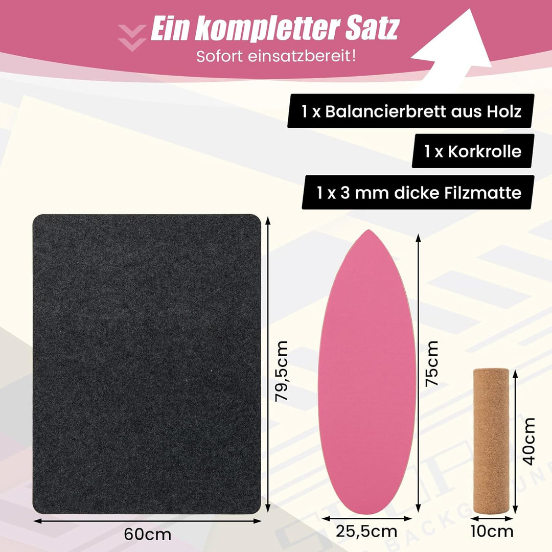 GYMAX Balance Board aus Holz, 15 mm BalanceBoard mit 10mm Korkrolle & rutschfeste Matte aus Filz, In