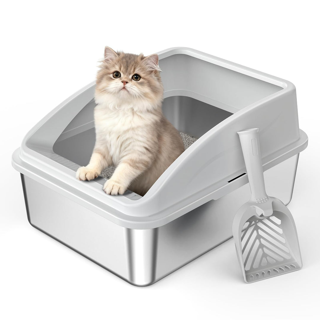 FURTIME Katzenklo Edelstahl, Katzentoilette Edelstahl 18L mit Schaufel, Katzenklo Metall mit Hochwan
