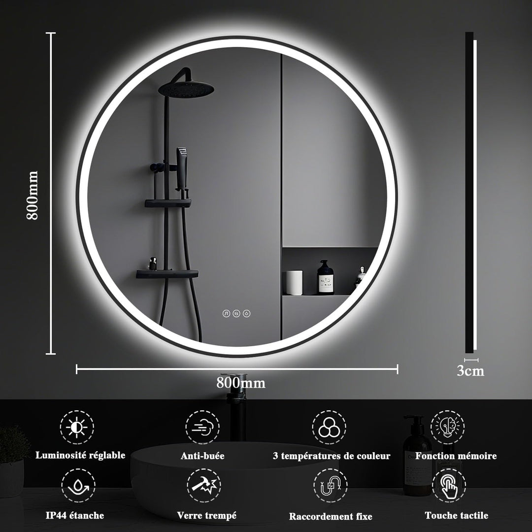 Badspiegel mit Beleuchtung 80cm - LED-Badezimmer-Spiegel Rund mit Bluetooth, Beschlagfrei, Touch-Sch