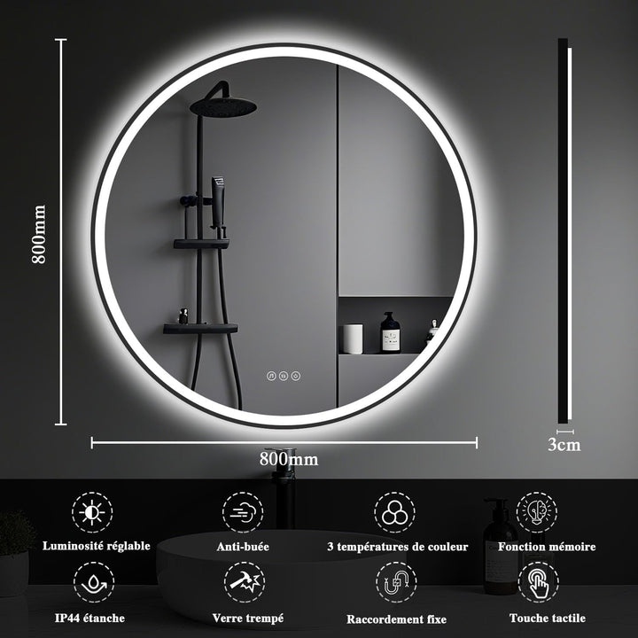 Badspiegel mit Beleuchtung 80cm - LED-Badezimmer-Spiegel Rund mit Bluetooth, Beschlagfrei, Touch-Sch