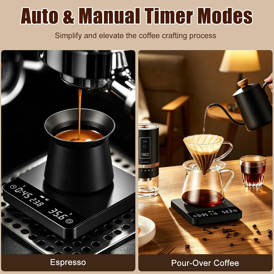 Mini-Kaffewaage mit Timer, 2kg/0,1g, Wiederaufladbar, 4 Brühmodi, Einstellbare Brühverhältnisse, Dur