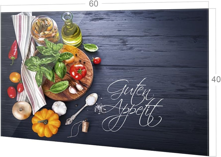 GRAZDesign Spritzschutz Küche Herd, Gemüse auf Holz, dunkelgrau mit Guten Appetit, Küchenrückwand au