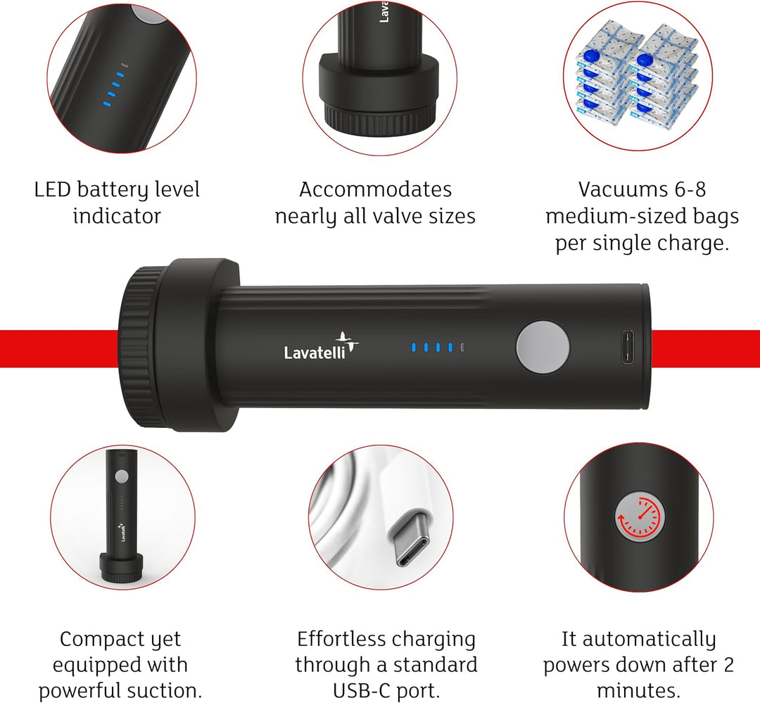 Lavatelli Ultimate Travel Set mit kabelloser USB-C Pumpe & 12 Vakuumbeuteln (6x 40x45 + 6x 40x60 cm)
