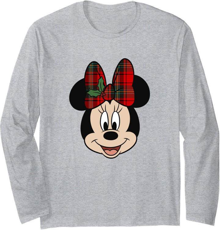 Disney Minnie Mouse Smile Mistletoe Red Plaid Bow Christmas Langarmshirt