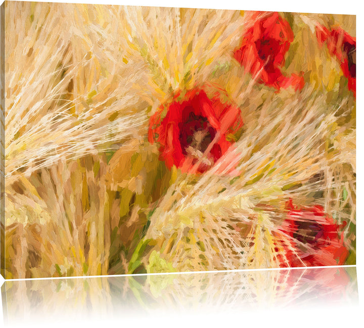 Pixxprint rote Mohnblumen auf dem Mais-Feld Kunst Pinsel Effekt, Format: 100x70 auf Leinwand, XXL ri
