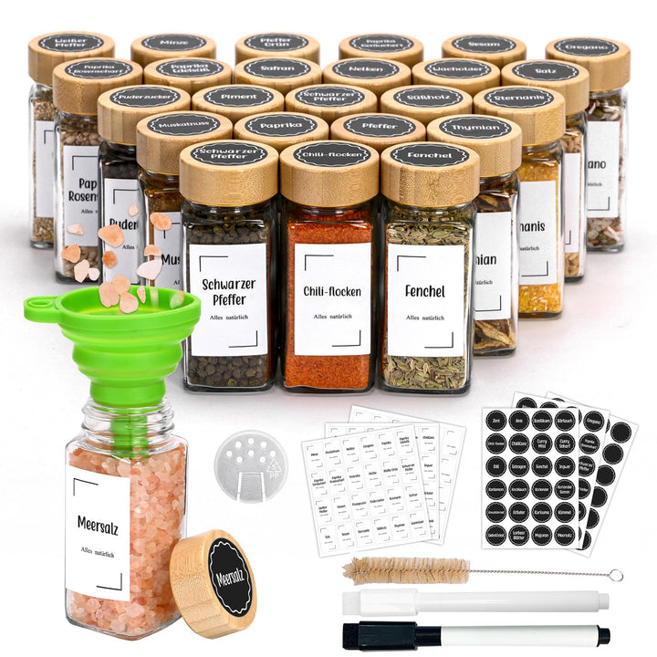 Gewürzgläser Eckig,Gewürzdosen 24er Set mit Bambusdeckel,120 ml Gewürzstreuer Spice Jars Gewürzbehäl