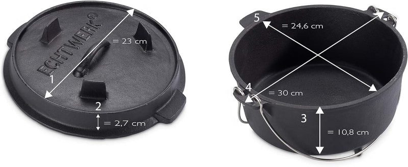 Echtwerk Dutch Oven, Gusseisen BBQ Kochtopf ca. 4,9 L, Bereits eingebrannt - preseasoned, Deckel mit