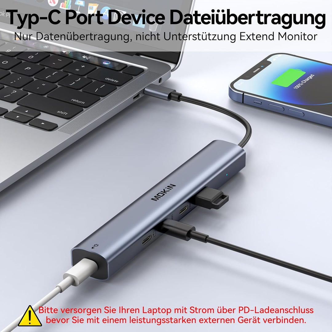 MOKiN 10Gbps USB C HUB, MacBook Adapter USB HUB mit 4K@60Hz Video Output, 100W PD Charging, USB C Da