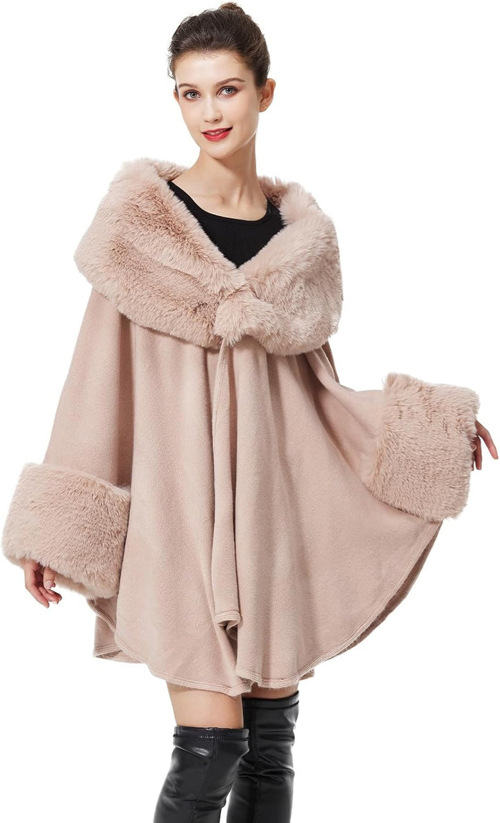 BEAUTELICATE Kunstpelz Poncho Stola Damen Umhang Cape Herbst Strickjacke Winter Mantel Mit Kunstfell