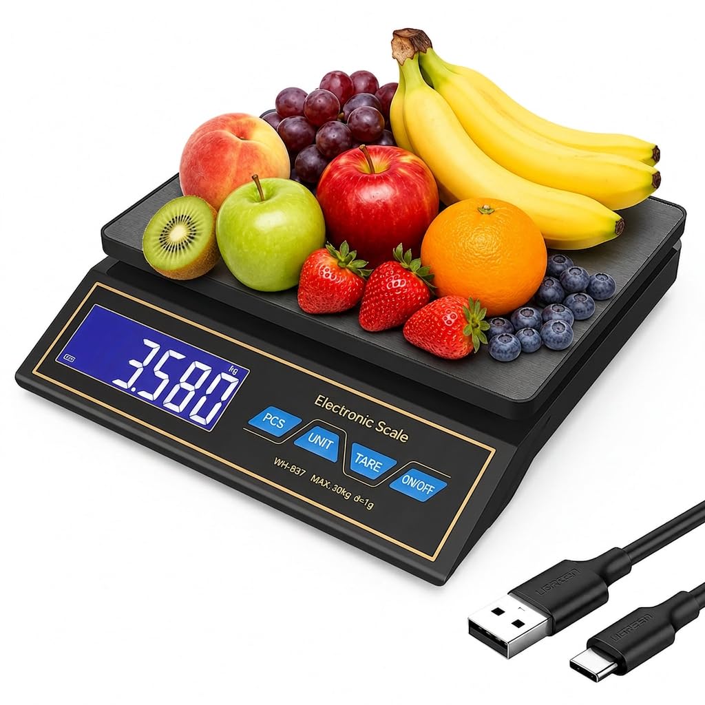 Digitale Küchenwaage 30kg, USB-C Aufladbar und Präzise | Tara-Funktion, Stückzählung, Ideal für Koch