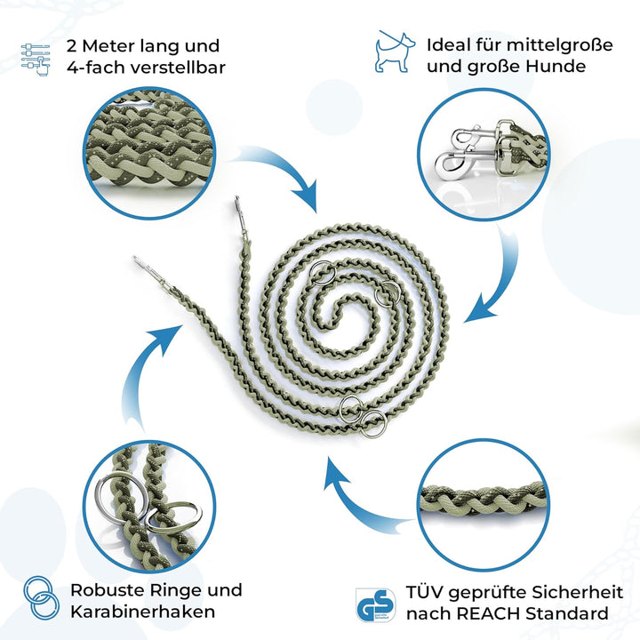 Testnote: Sehr gut - Hundeleine reflektierend I 2m, verstellbar, wetterfest & reissfest bis 250 kg I