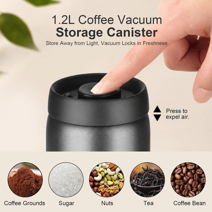 VINATO 1.2L Vakuum Kaffeedose Luftdicht, Edelstahl Aufbewahrungsdose, Kaffeebohnen Behälter für Kaff