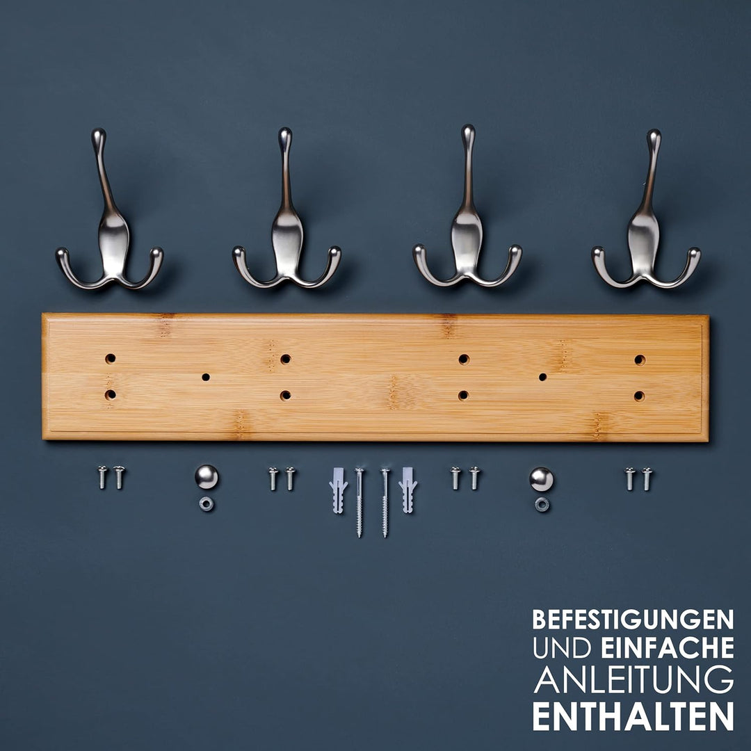 LARHN Garderobenhaken Holz - Garderobenleiste Holz mit 4 Haken in Nickel Matt - 42 cm - Kleiderhaken