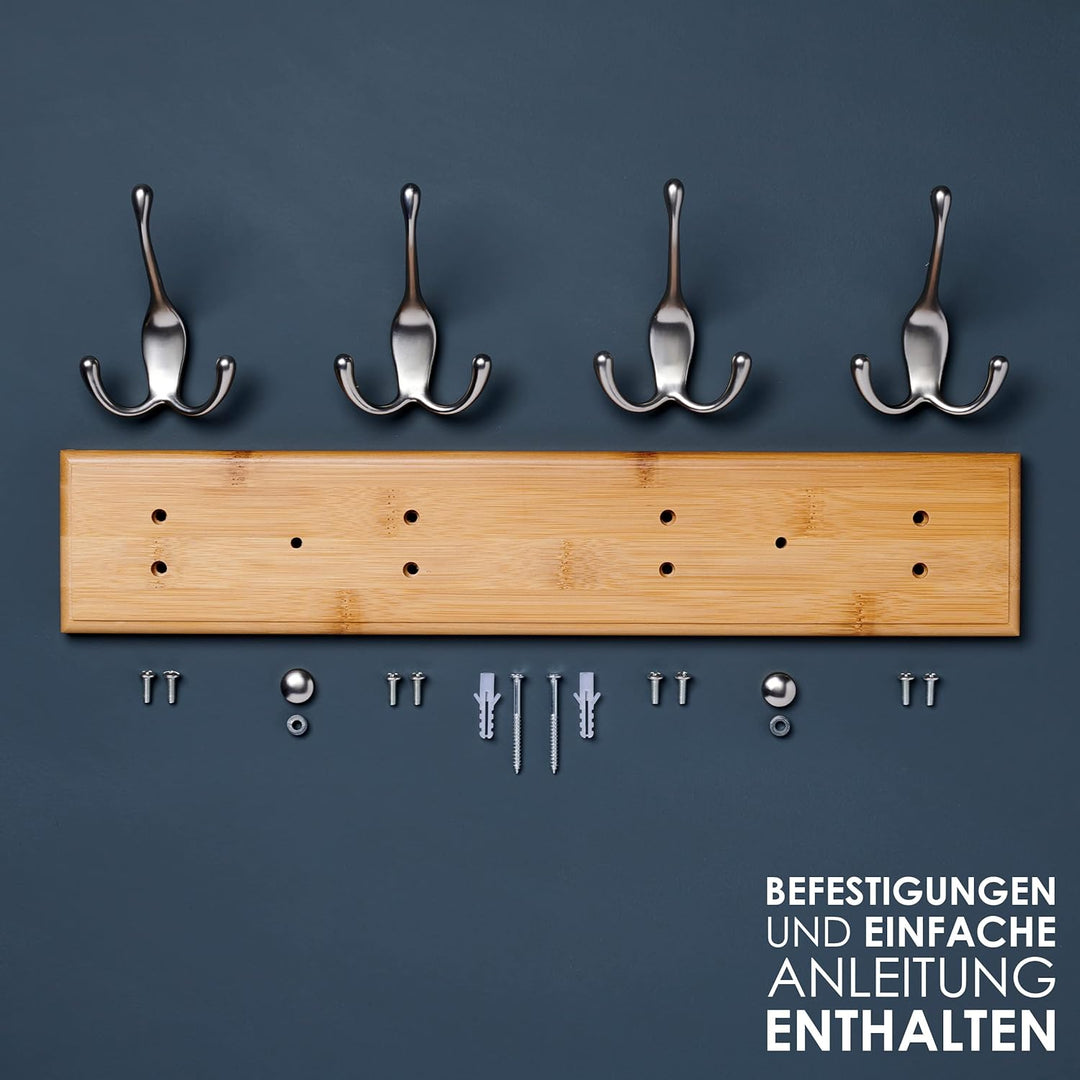 LARHN Garderobenhaken Holz - Garderobenleiste Holz mit 4 Haken in Nickel Matt - 42 cm - Kleiderhaken